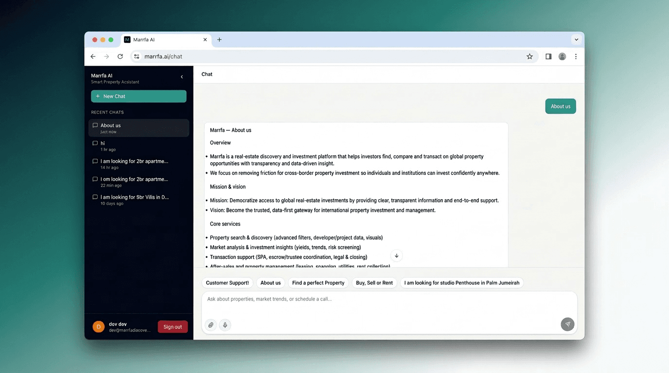 Marrfa AI chatbot interface showing property search and discovery