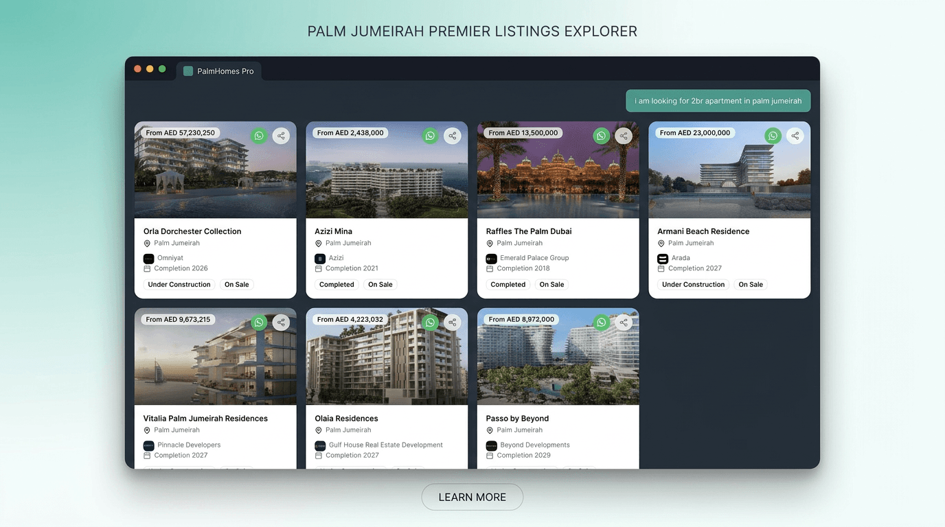 Marrfa AI property search results showing luxury Dubai properties with prices, locations, and developer info